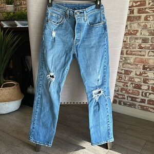Levi’s 501 blue denim distressed jeans, size 25